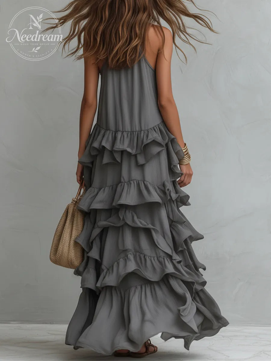 Elegant Grey Romantic Layered Ruffle Long Dress