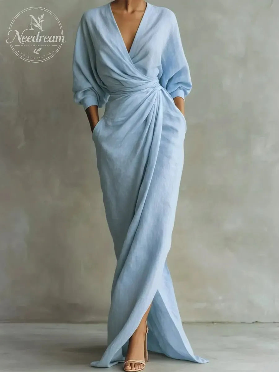 Women'S Pink Minimalist V-Neck Linen Blend Maxi Dress