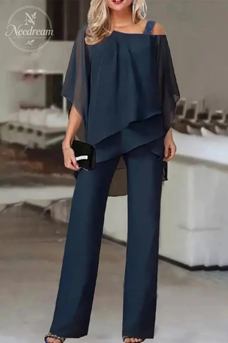 Elegant Layered Chiffon Top & Wide-Leg Pants Set