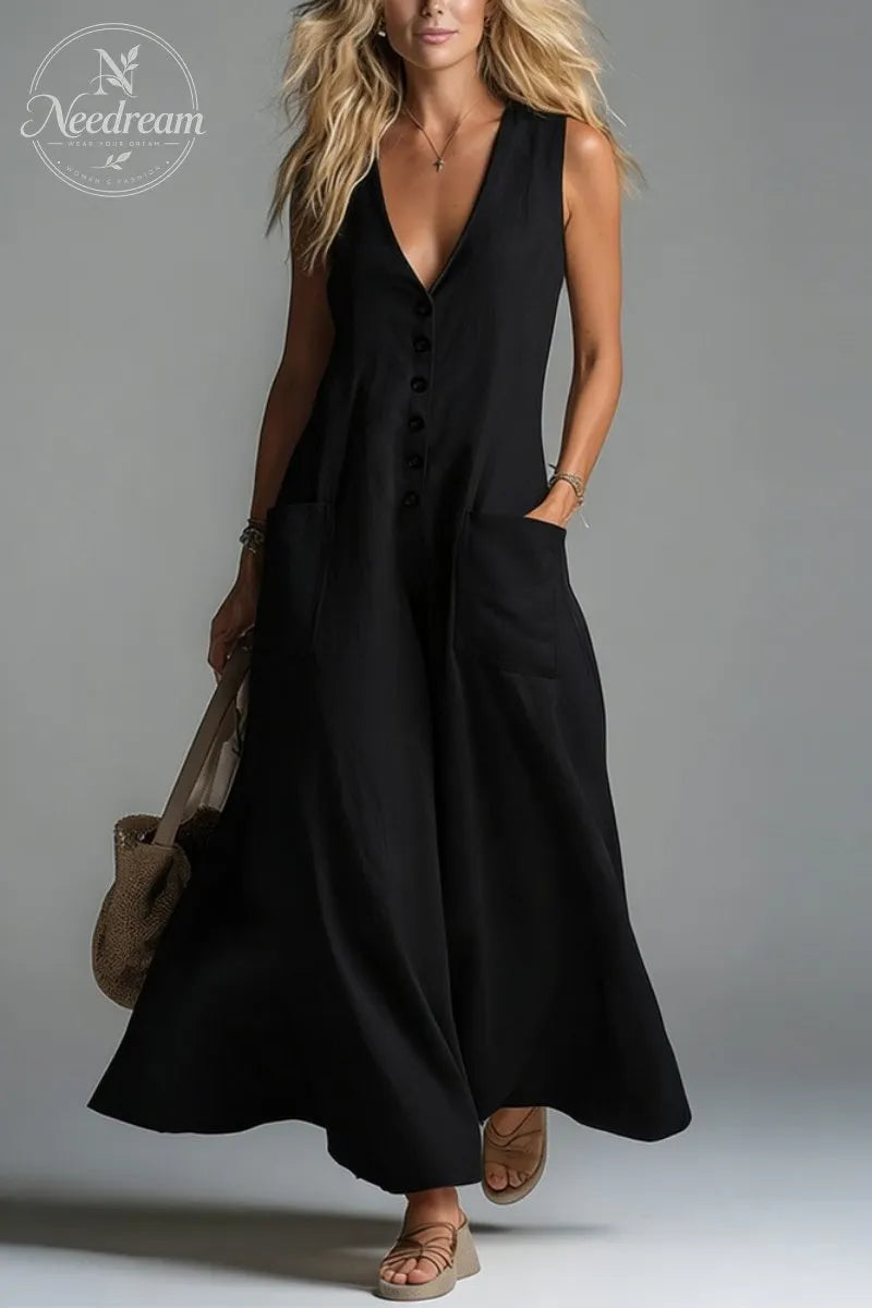 Pocket V-neck Solid Color Casual Dress