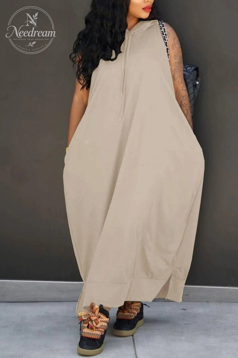 Women's Plain Drawstring Hooded Tank Dress, Casual Basic Pocket Sleeveless Dress