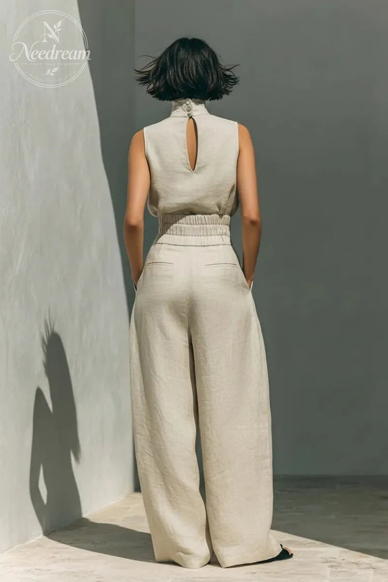 Women's Minimalist Cotton And Linen Blend Sleeveless Blouse And Wide-leg Pants Set