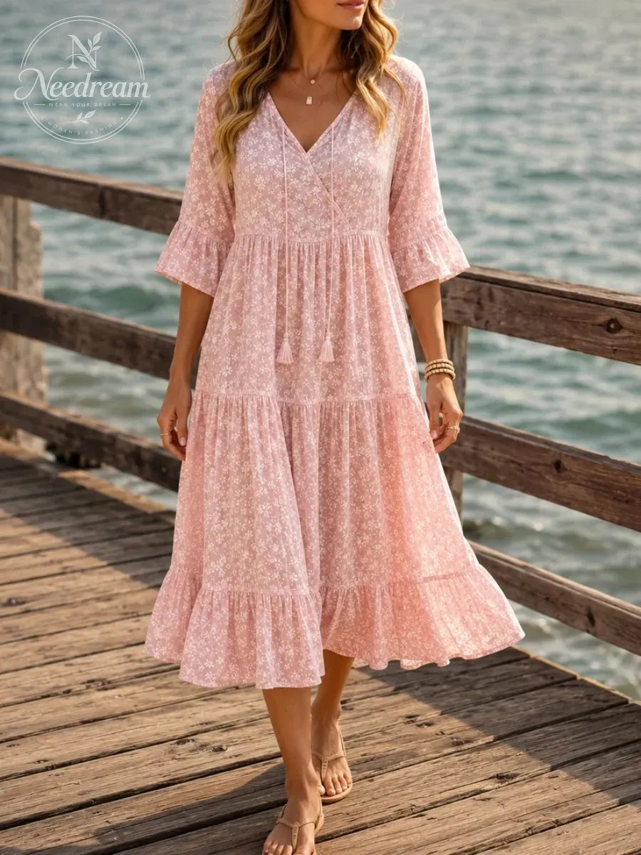 Floral Tiered Midi Dress with V-Neck Tie