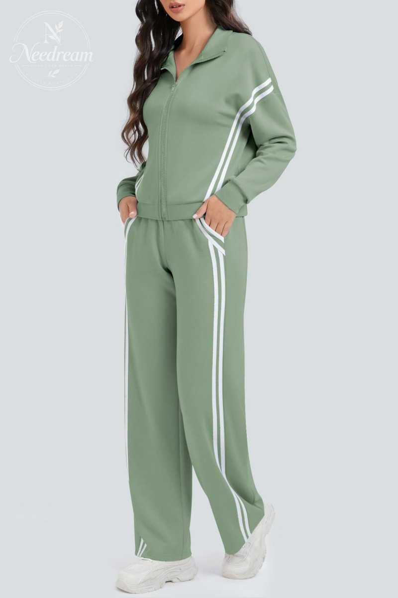 Zippered Tracksuit With Color-blocked Striped Wide-leg Pants