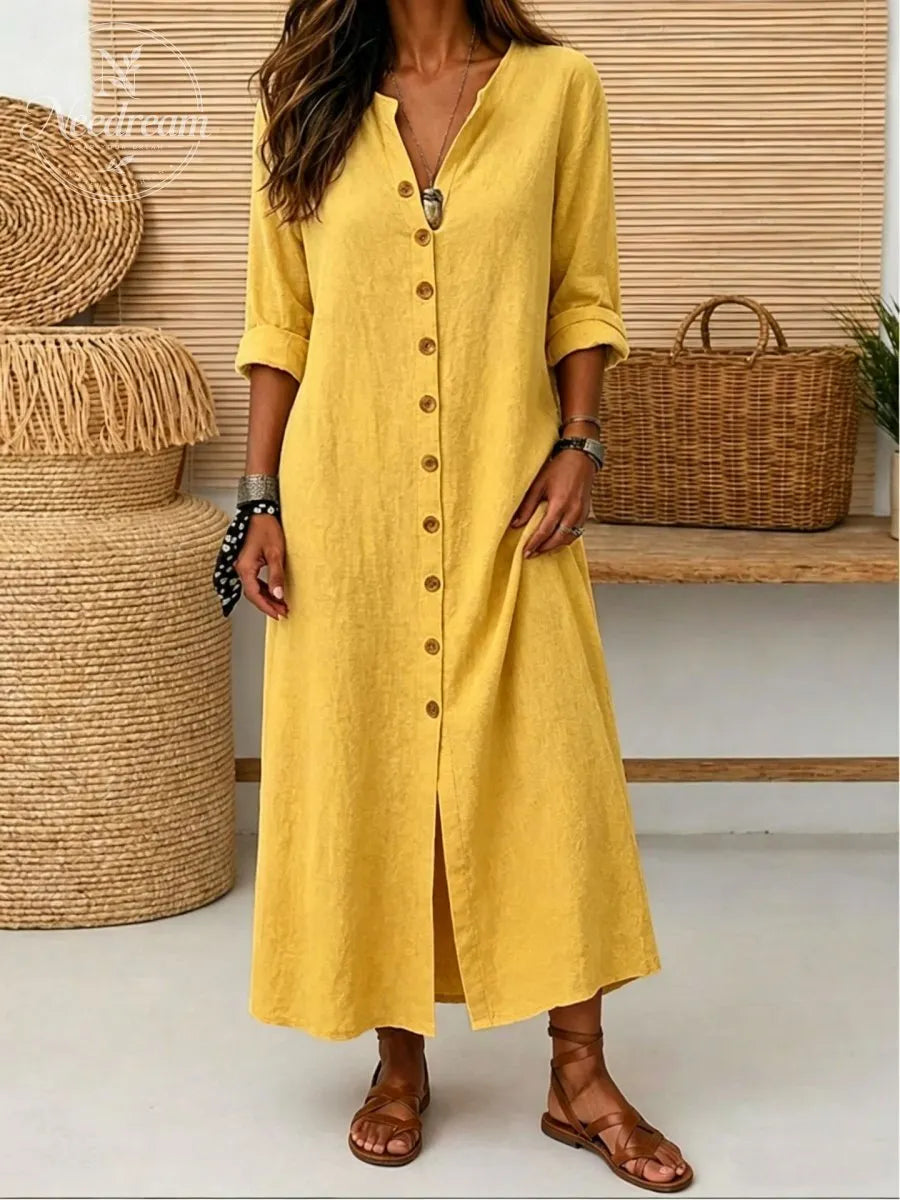 Women'S Vintage Long Sleeve V Neck Slant Pocket Button Front Linen Maxi Dress
