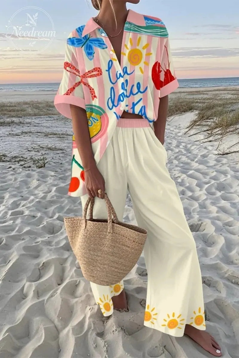 Seaside Holiday Striped Print Shirt & Shorts Two-Piece Set