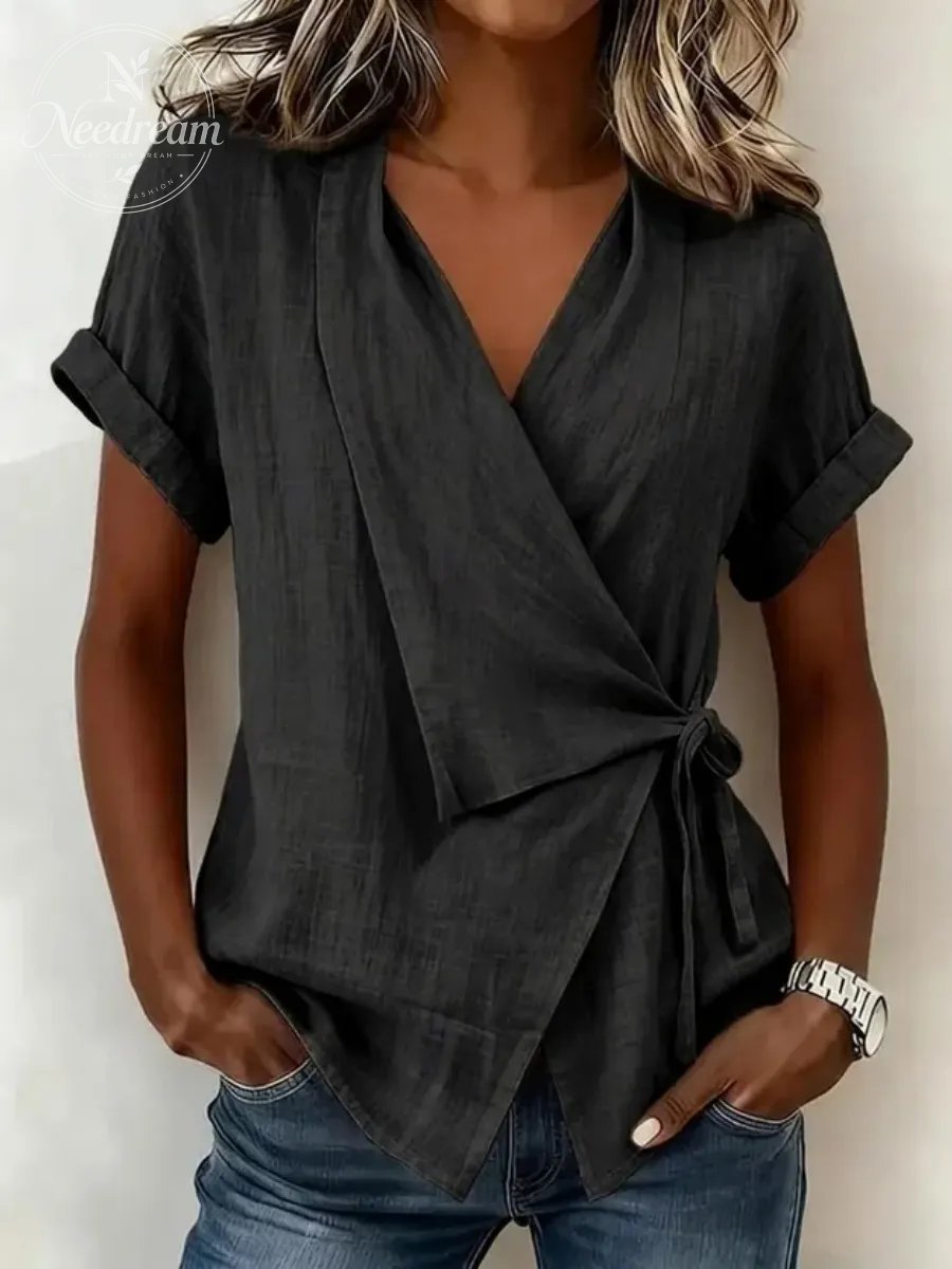 Cotton And Linen Wrap Detail V Neck Short Sleeve Irregularly Shaped Hem Casual Blouse