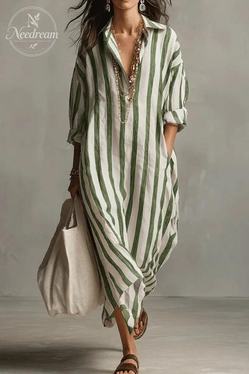 Casual Striped Shirt Bohemian Style Maxi Dress