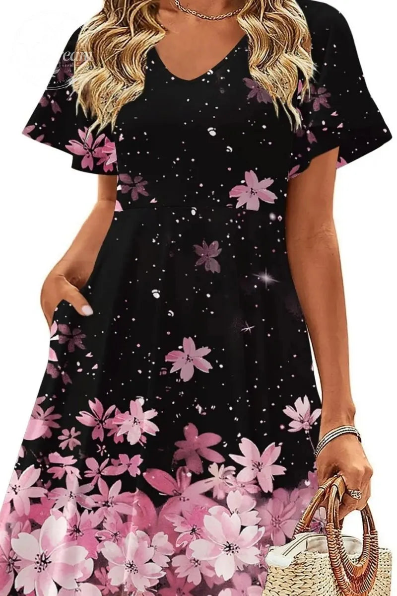 Womens Summer Dress Casual Swing Floral Ruffle Short Sleeve Sundresses Beach Mini A-Line Shift Dress