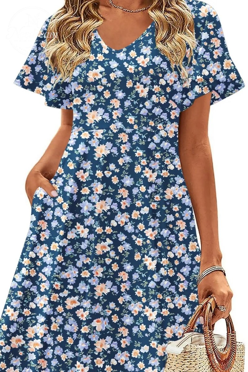 Womens Summer Dress Casual Swing Floral Ruffle Short Sleeve Sundresses Beach Mini A-Line Shift Dress