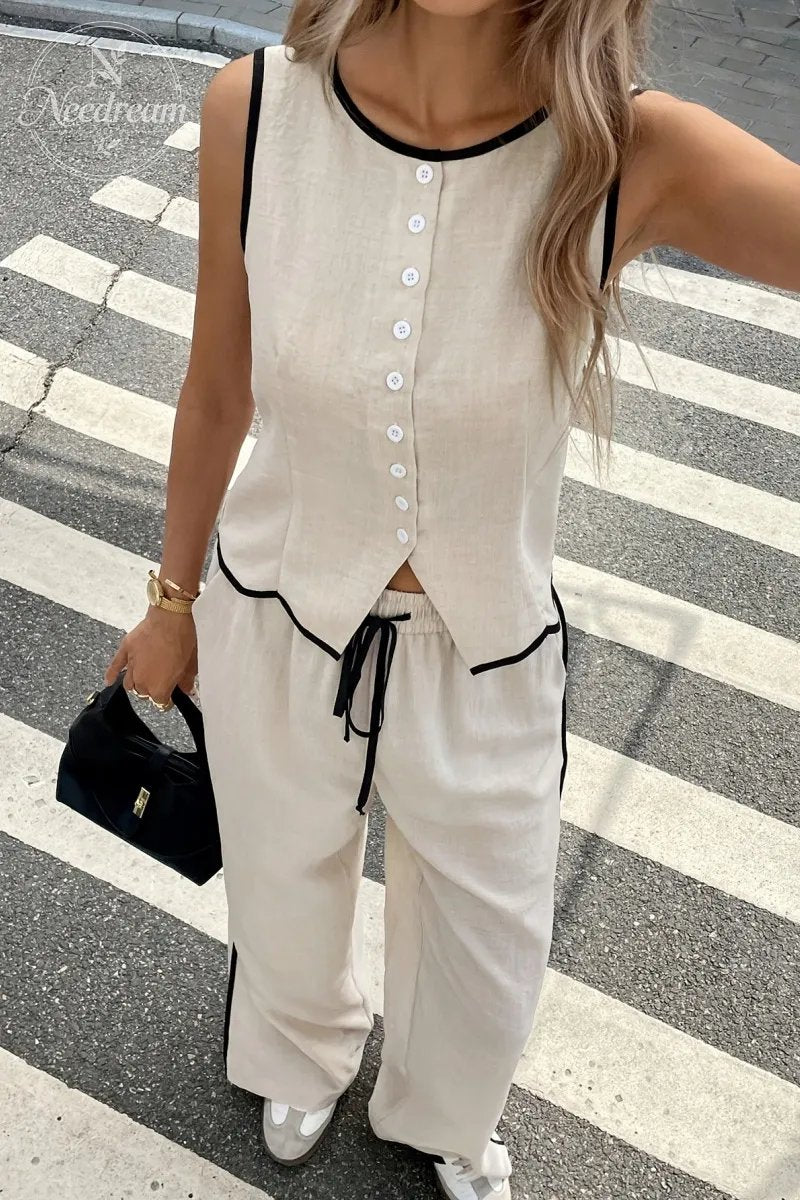 Color-blocked Sleeveless Single-breasted Vest And Drawstring Trousers Set