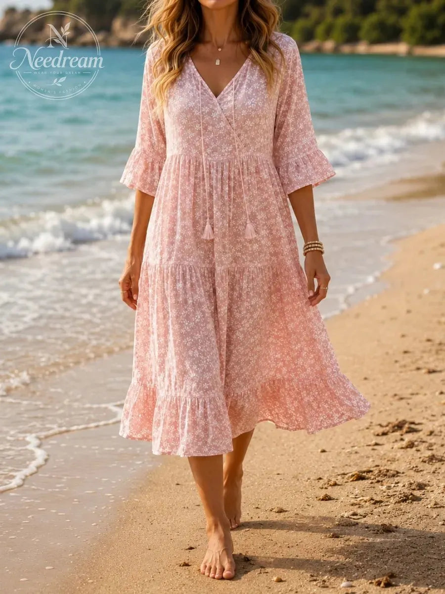 Floral Tiered Midi Dress with V-Neck Tie