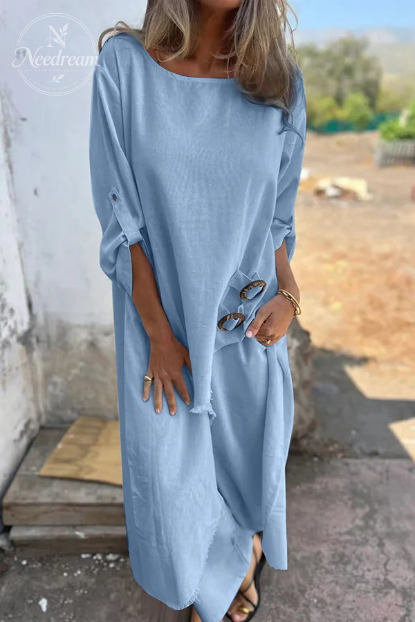 Women's Linen Blend Ring Detail Midi Blouse and Elastic Waist Pocketed Loose Pants Set