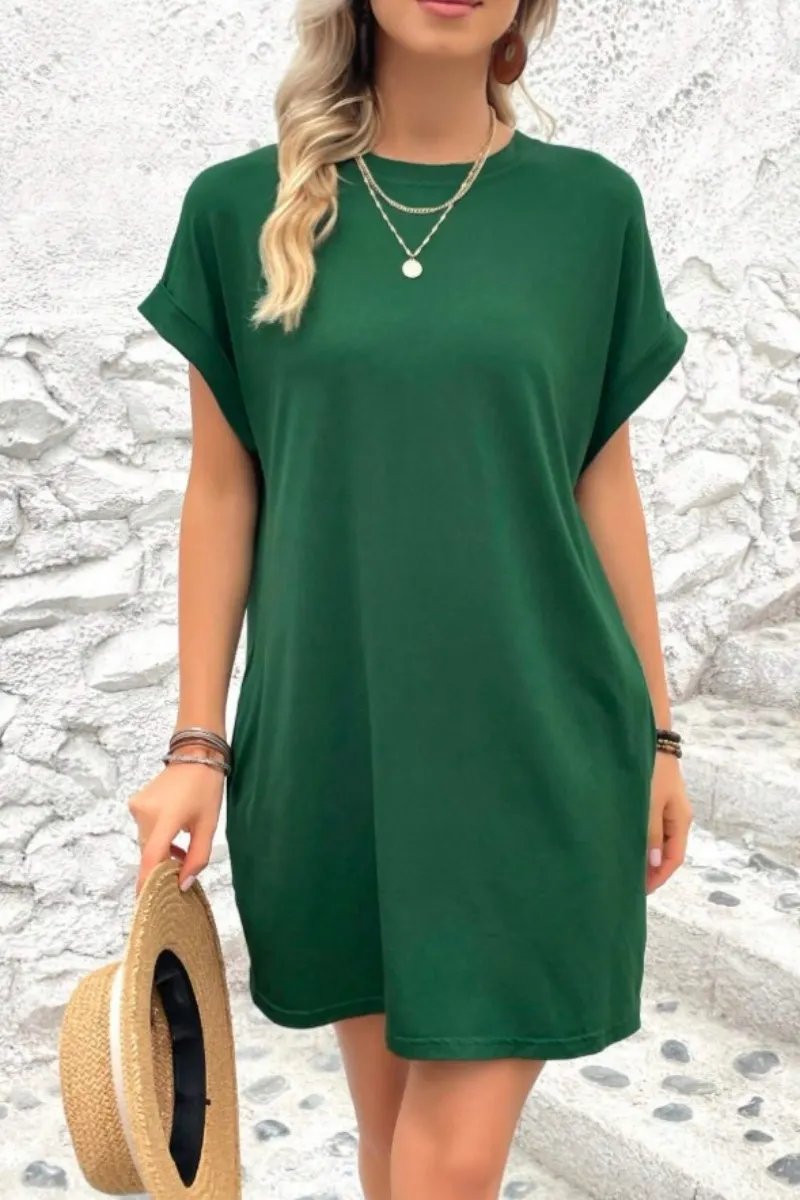 Casual Minimalist Round Neck Roll Up Sleeve Dress