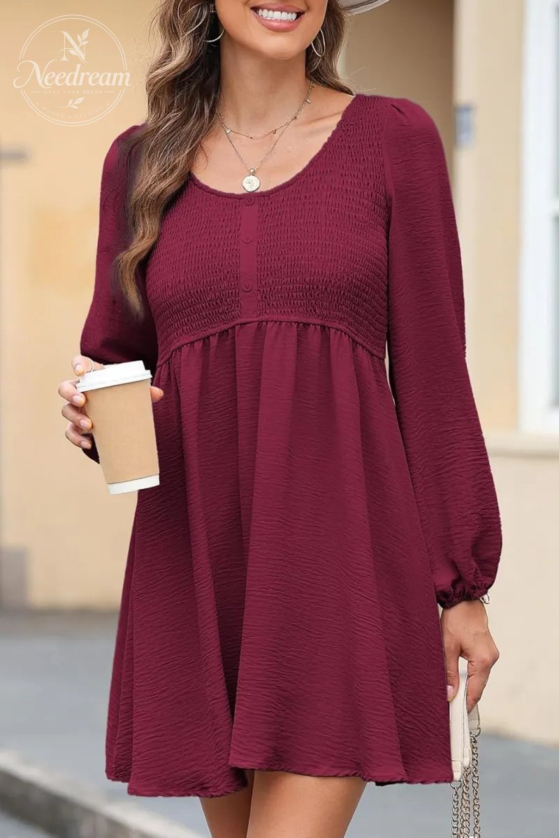 Smocked Crewneck Button Up Long Sleeve Empire Waist A-Line Mini Dress