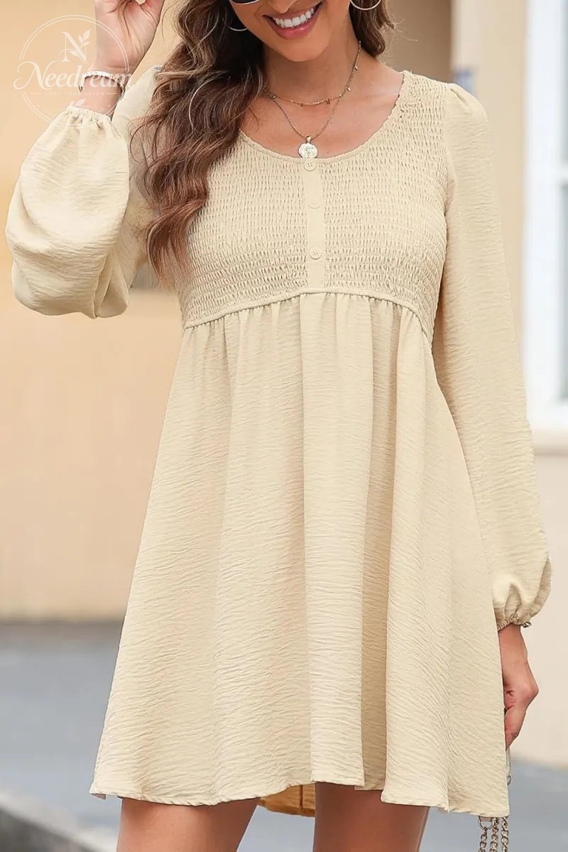 Smocked Crewneck Button Up Long Sleeve Empire Waist A-Line Mini Dress