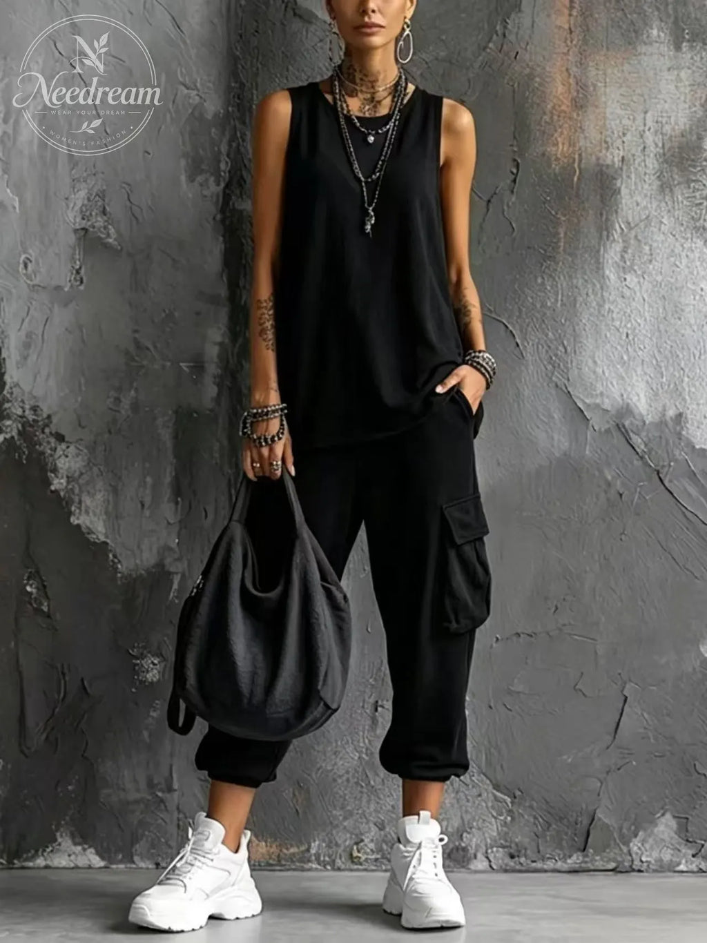 Women's Casual Style Dark Gray Cotton Blend Sleeveless Top + Jogger Cargo Pants Set