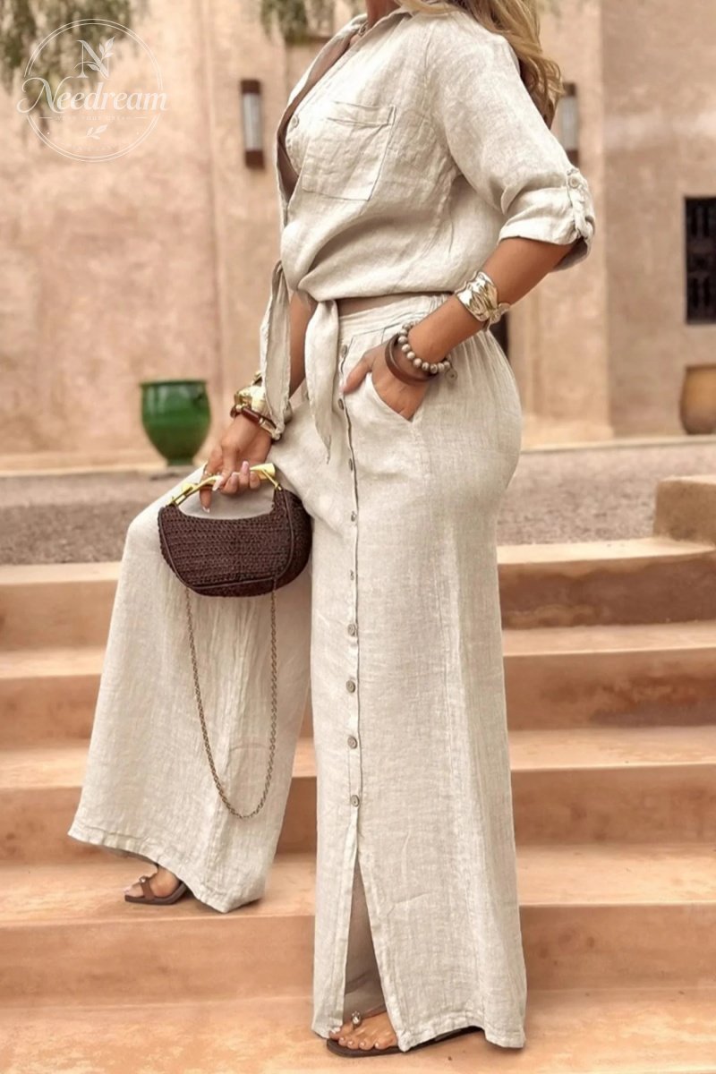 Tie-up Shirt Single-breasted Long Pants Set