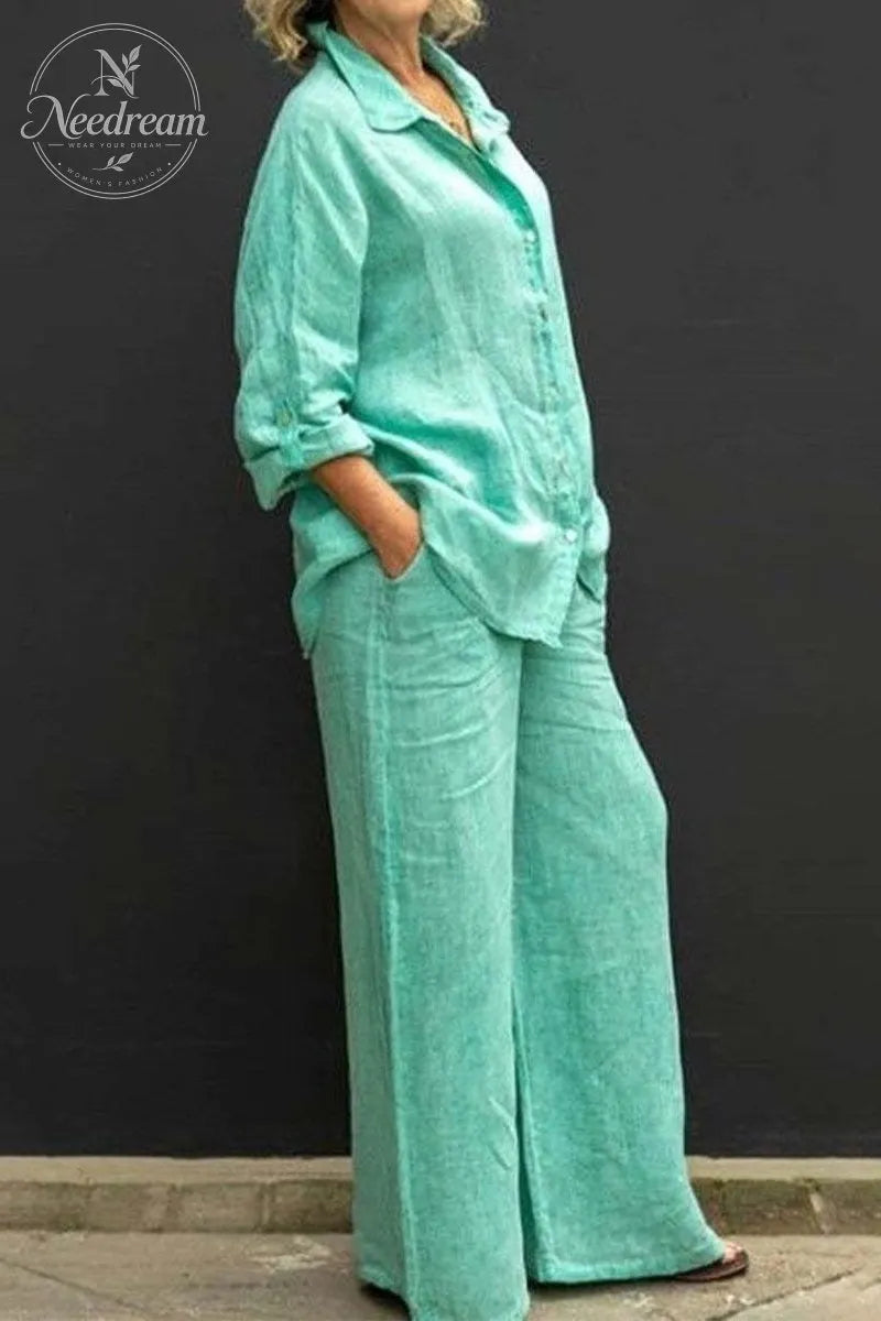 Women Linen Lapel Shirt Two Pieces Set Vintage Solid Long Sleeve Button Blouse and Loose Straight Pants Casual Suits