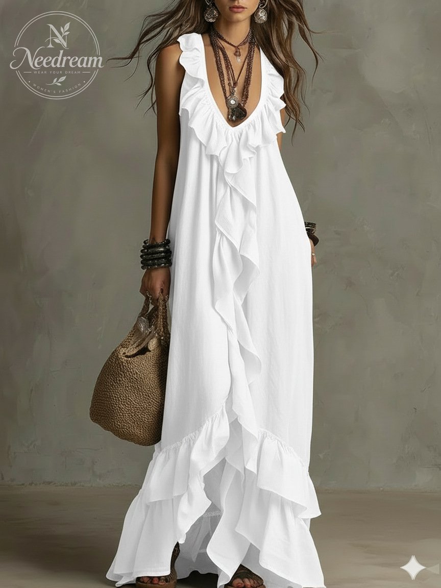 Elegant Bohemian V Neck Ruffle Maxi Dress