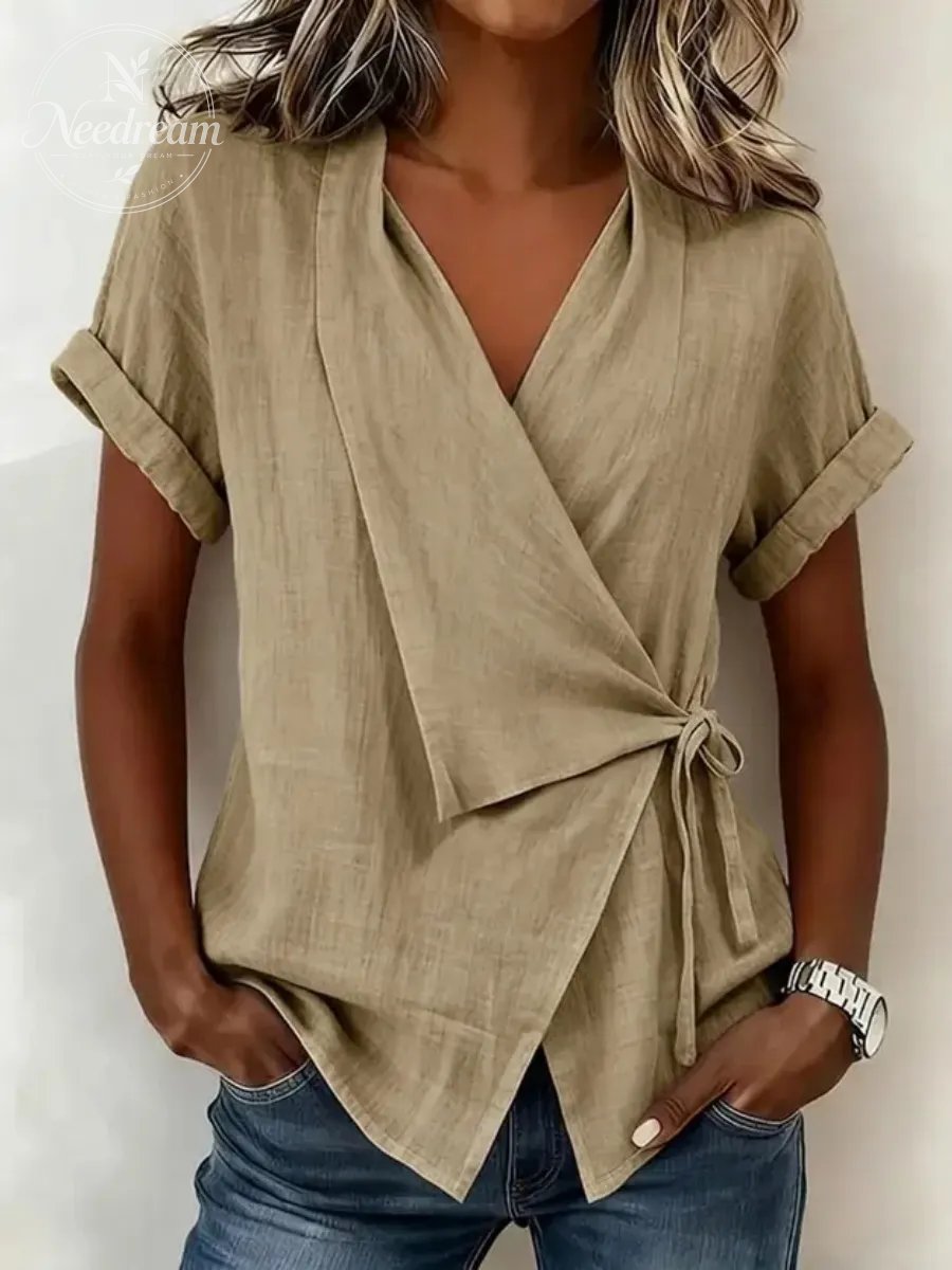 Cotton And Linen Wrap Detail V Neck Short Sleeve Irregularly Shaped Hem Casual Blouse