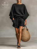 Women's Minimalist Linen Blend Lace Boat Neck Blouse And Shorts Set