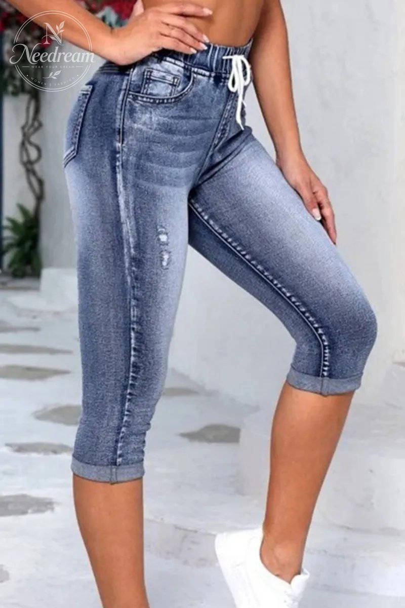 Women'S Casual Jeans, High-Waisted Design, With Drawstring