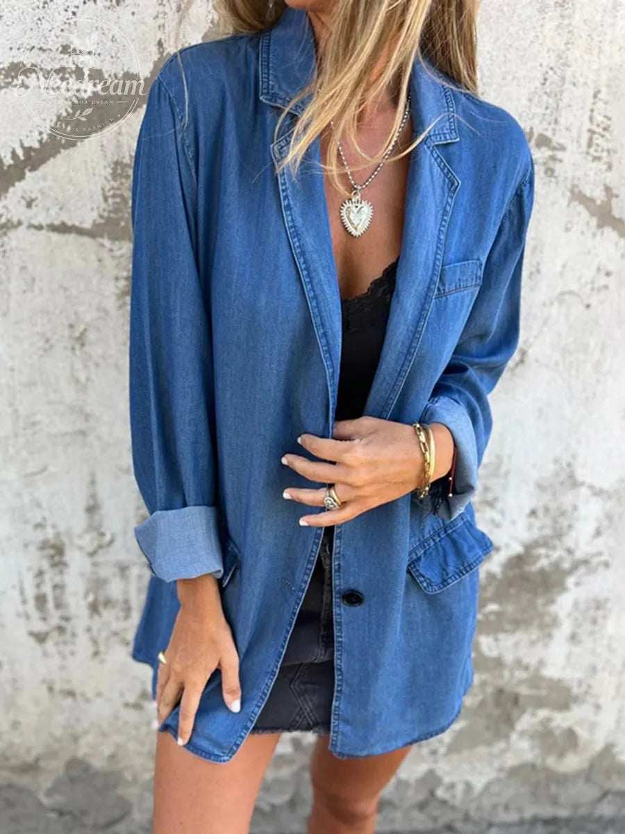 Women's Denim Cardigan Blazer Coat Notched Lapel Collar Casual Button Down Jacket with Pockets