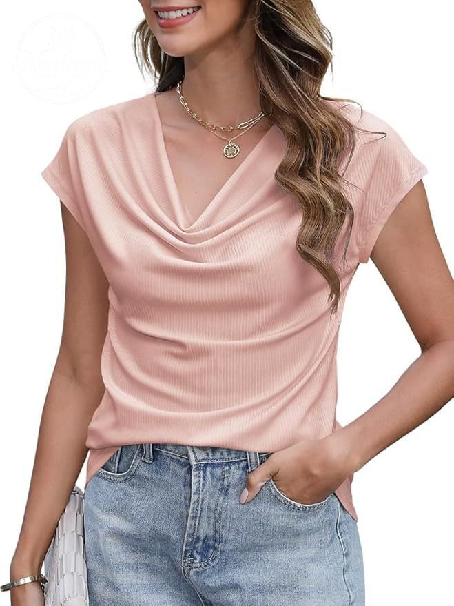 Women's Casual Solid-Color Short-Sleeve Top with Cowl Neck