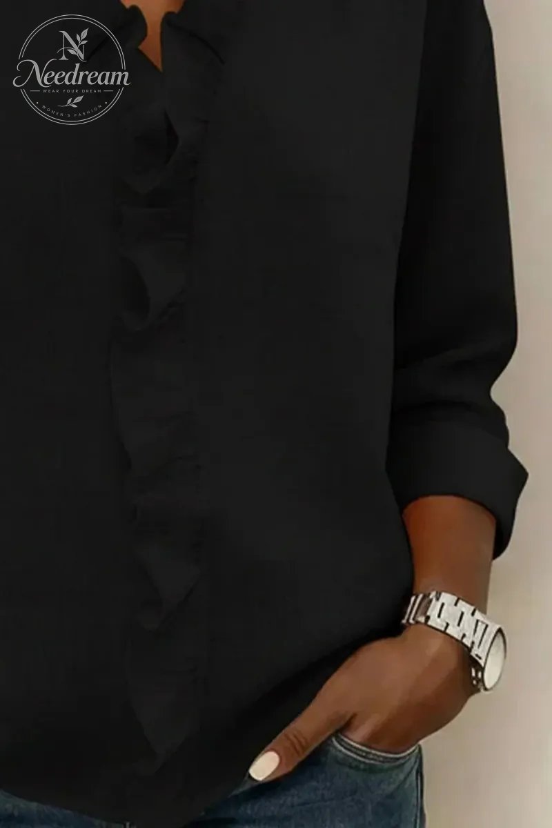 Ruffled V-Neck Long-Sleeved Cotton Shirt