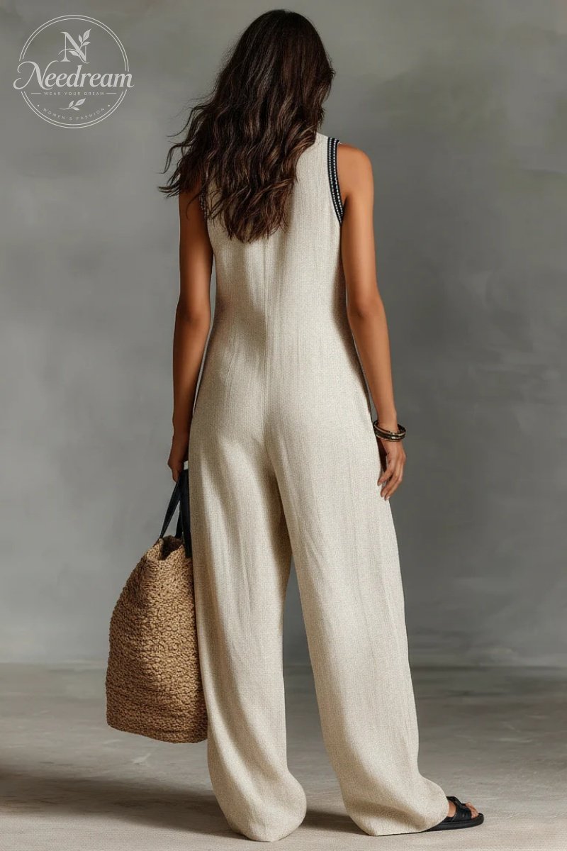 Women’s Linen Blend Sleeveless V-Neck Wide Leg Jumpsuit – Casual Summer Boho Romper with Pockets