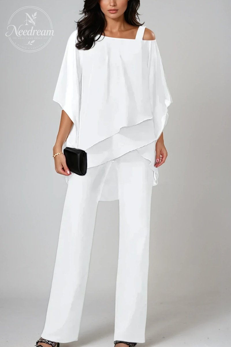 Elegant Layered Chiffon Top & Wide-Leg Pants Set