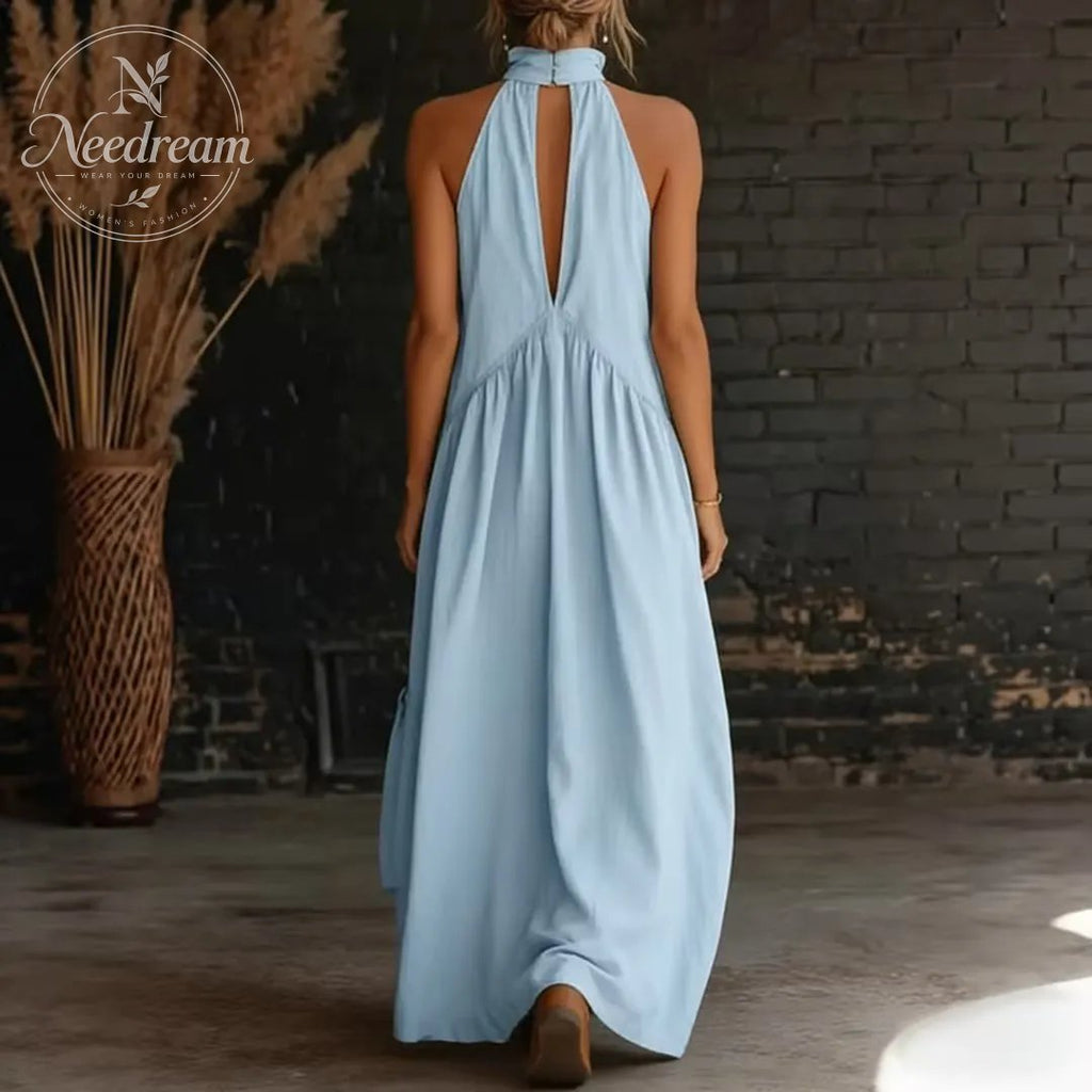 2026 Minimalist Halter Neck Maxi Dress | Casual Loose Fit Summer Dress with Pockets for Women