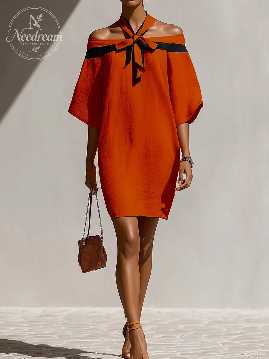 Women’S Orange Off-Shoulder Mini Dress With Black Bow Neck Detail