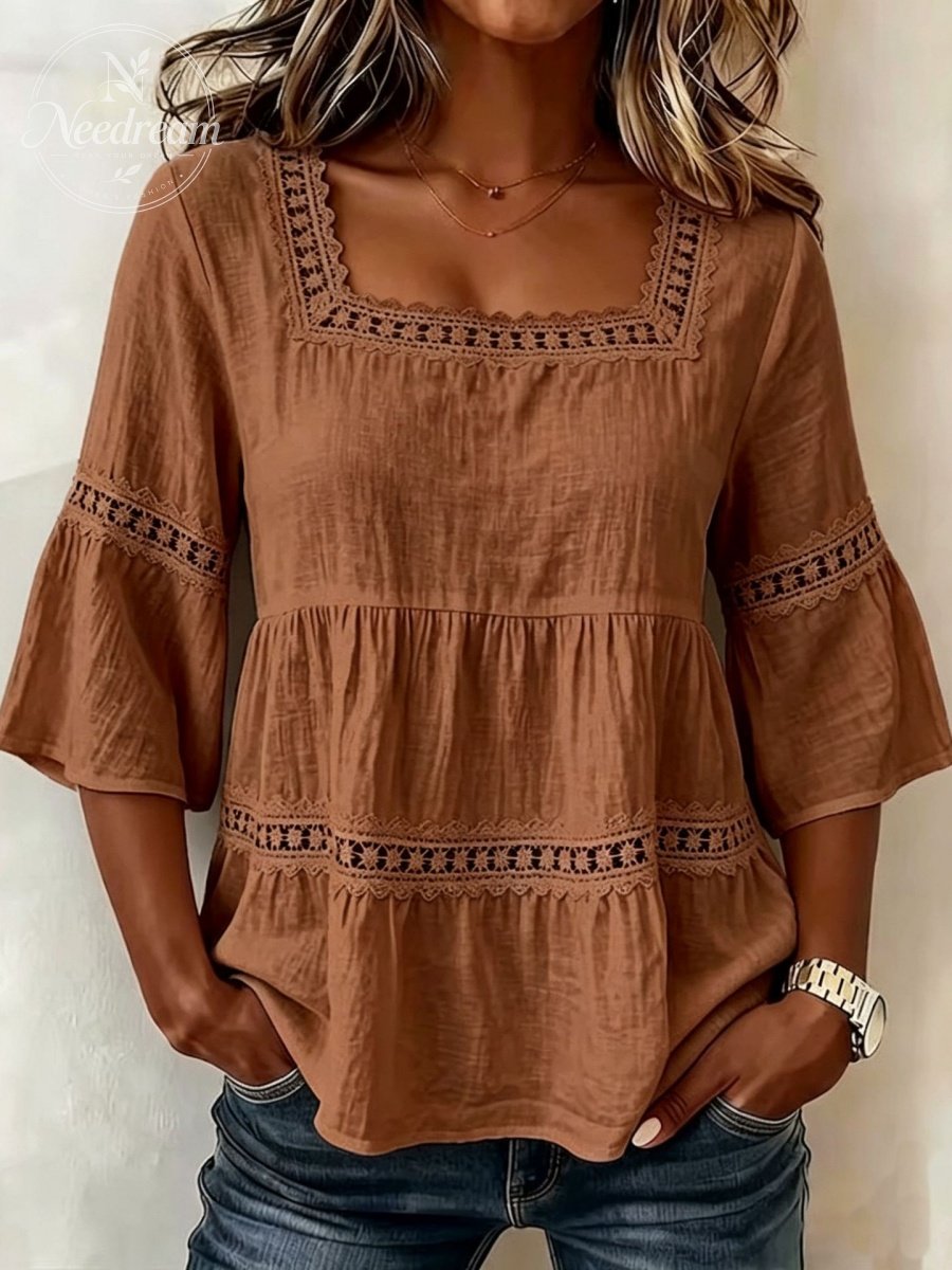 Women'S White Boho Blouse Crochet Lace Trim Bell Sleeve Tiered Flowy Top