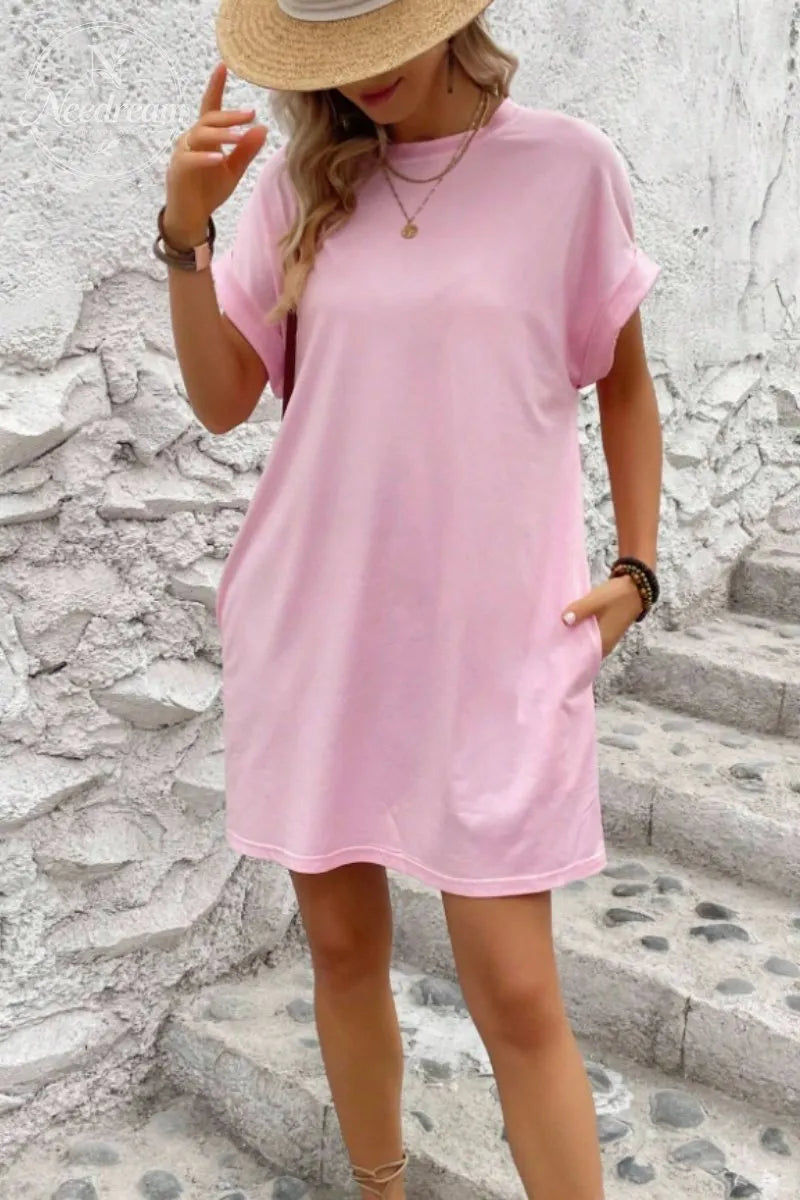 Casual Minimalist Round Neck Roll Up Sleeve Dress