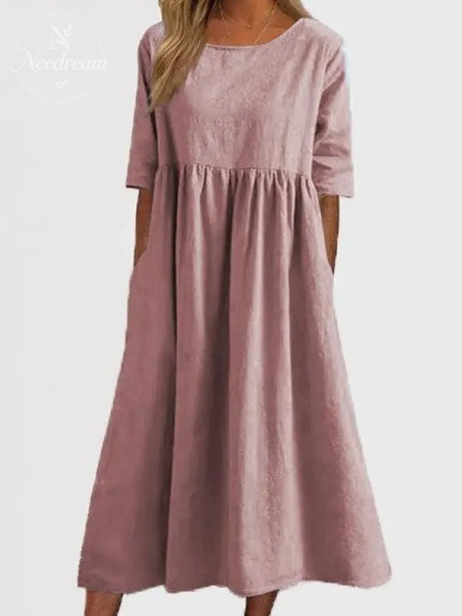 Women's Summer New Cotton and Linen Casual Short Sleeve Pocket Fold Loose Round Neck Dress