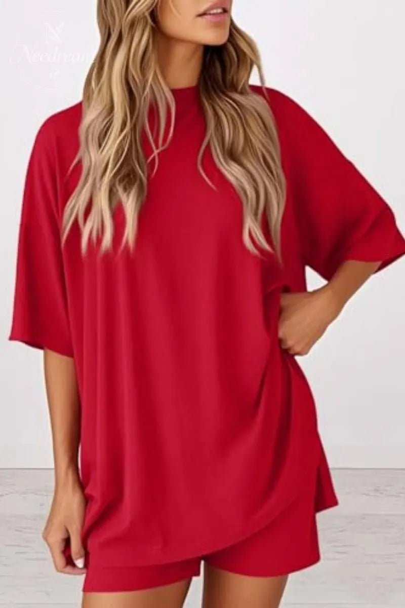 Women 2 Piece Outfits Crew Neck Oversized Tshirts and Biker Shorts with Pocket Matching Lounge Sets