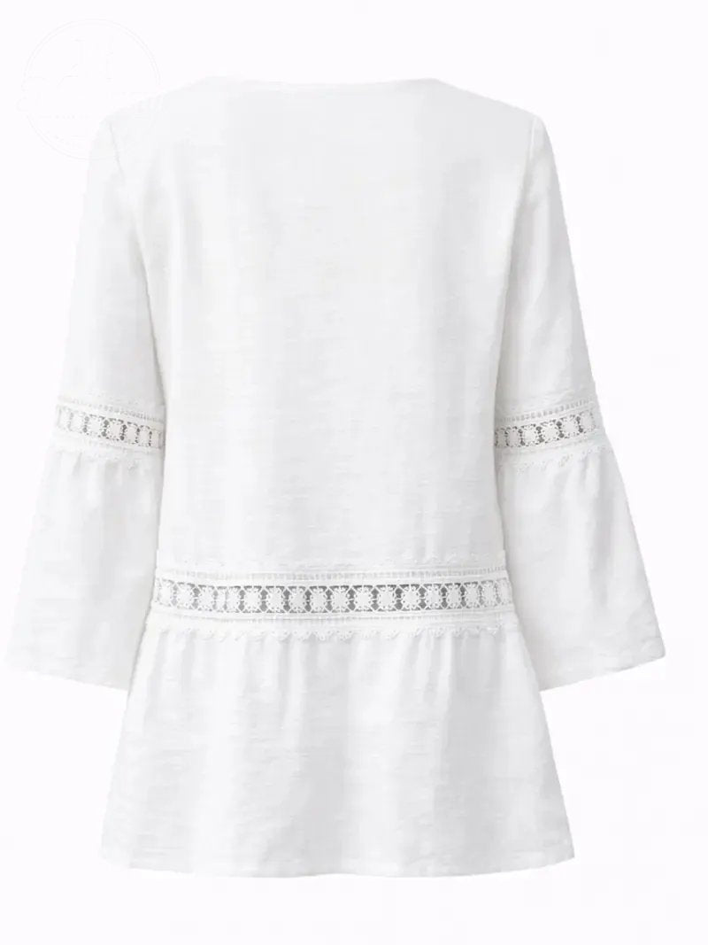 Women'S White Boho Blouse Crochet Lace Trim Bell Sleeve Tiered Flowy Top
