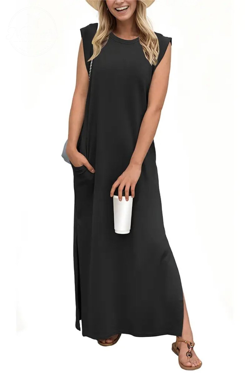 Women Summer Round Neck Casual Loose Split Wrinkle-Free Long Maxi Vacation Dress with Pockets