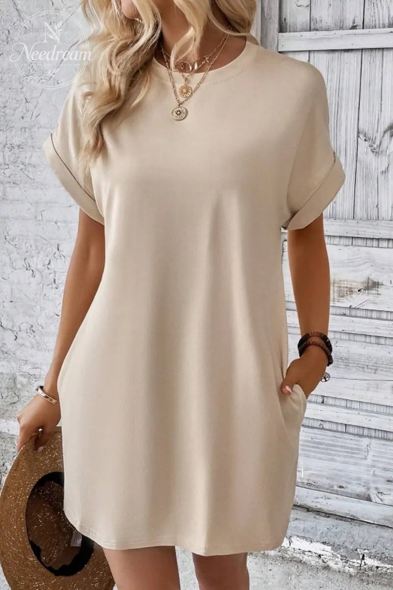Casual Minimalist Round Neck Roll Up Sleeve Dress