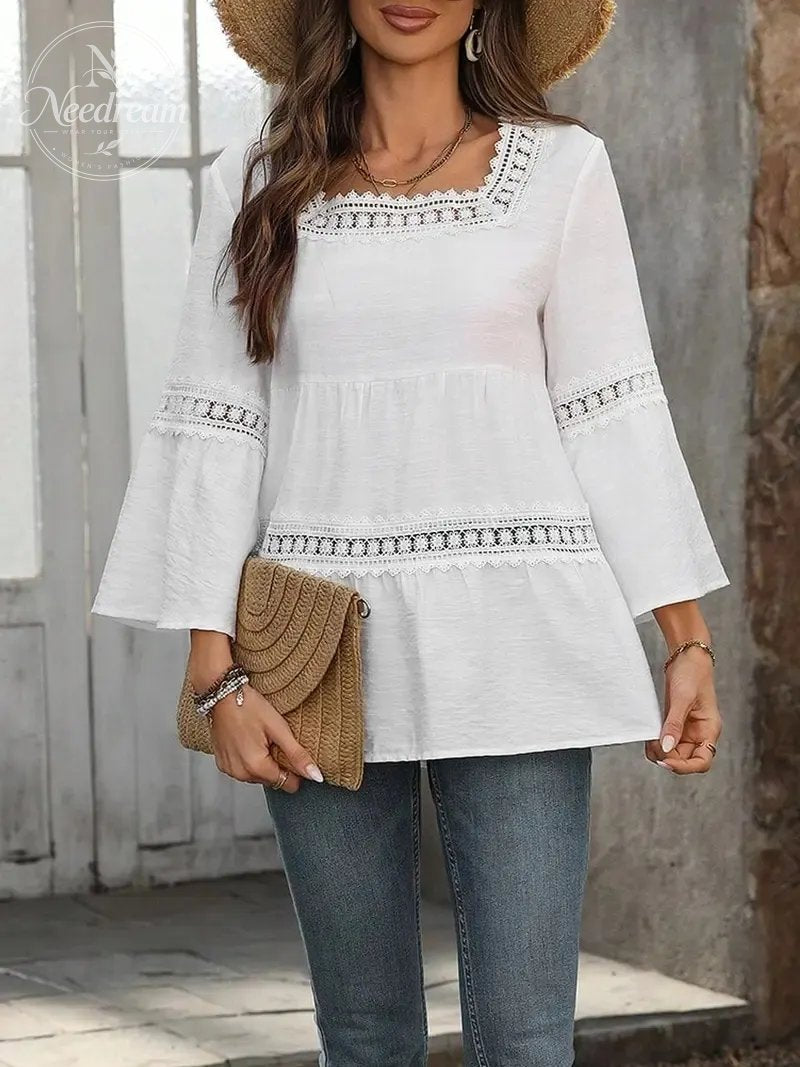 Women'S White Boho Blouse Crochet Lace Trim Bell Sleeve Tiered Flowy Top