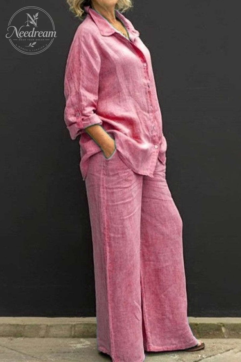 Women Linen Lapel Shirt Two Pieces Set Vintage Solid Long Sleeve Button Blouse and Loose Straight Pants Casual Suits