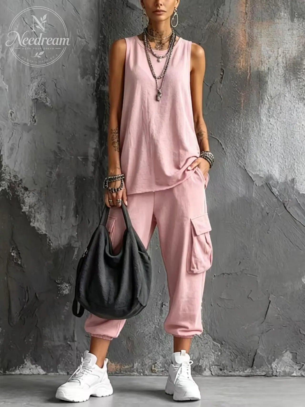 Women's Casual Style Dark Gray Cotton Blend Sleeveless Top + Jogger Cargo Pants Set