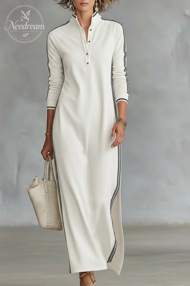 Women's Minimalist White-trimmed Button-down Collar Sweatshirt Dress Maxi Dress