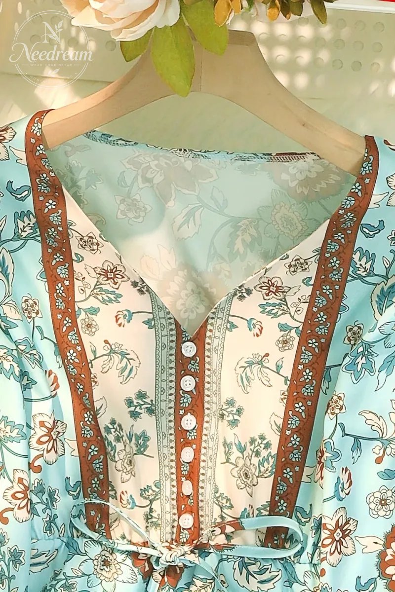 Women's Ethnic Floral Pattern Button Front Ruffle Hem Dress