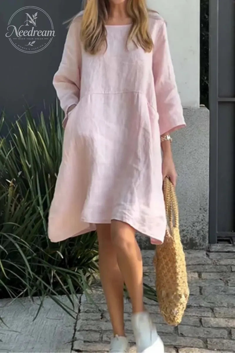 Solid Color Loose Casual Pocket Cotton Linen Dress