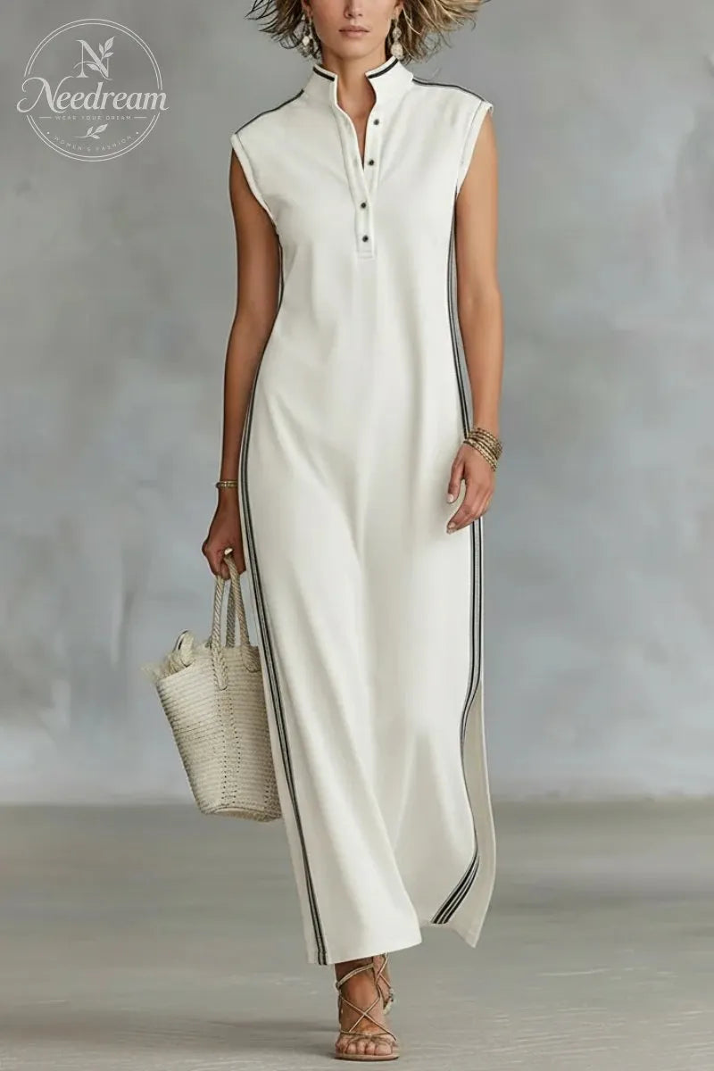 Women's Minimalist Athletic-Style Sleeveless Henley Maxi Dress