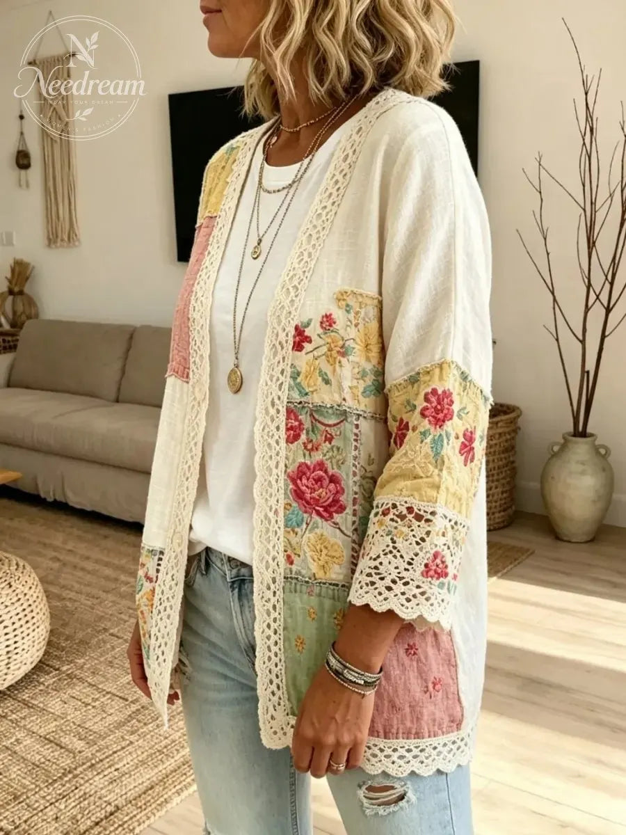 Retro Patchwork Floral V-Neck Cardigan with Lace Trim