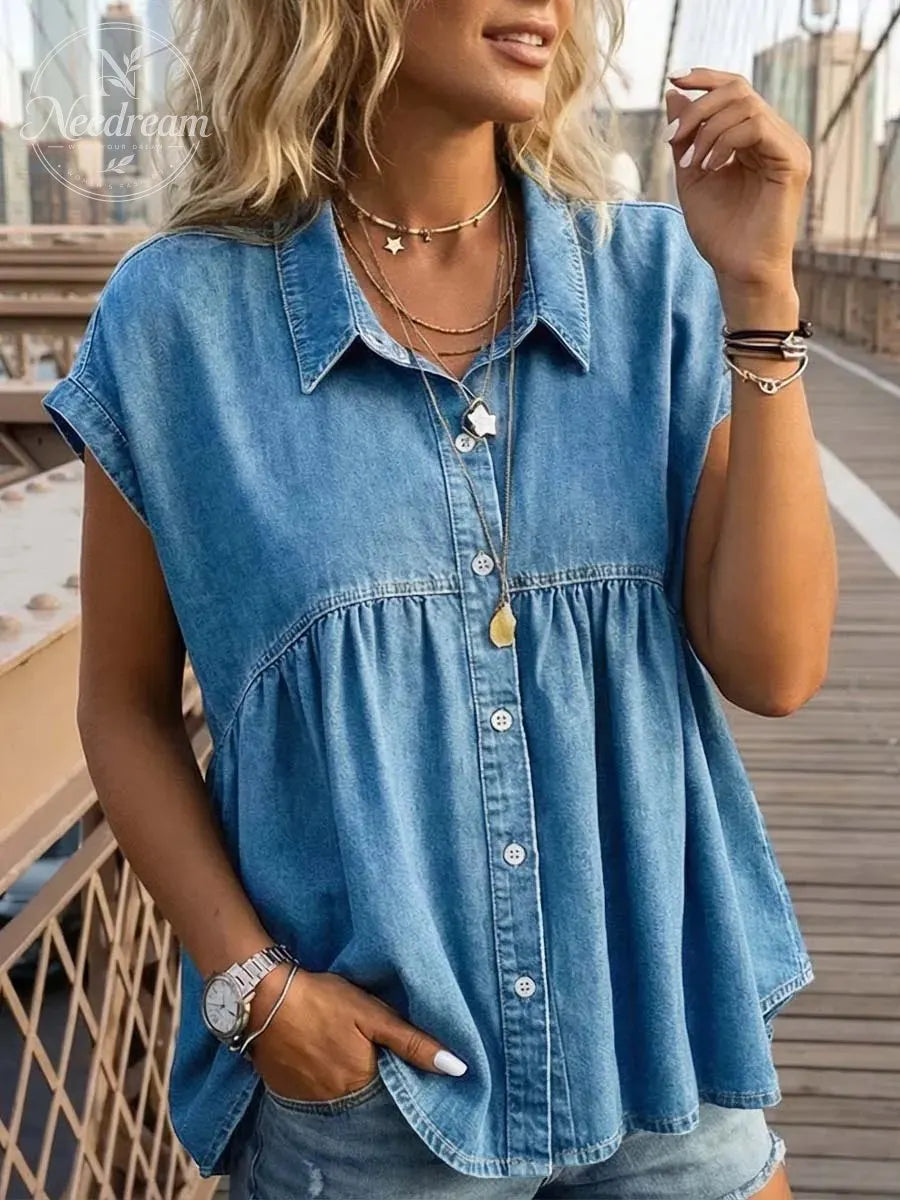 Women's Lapel Short-sleeved Casual Loose Denim Shirt